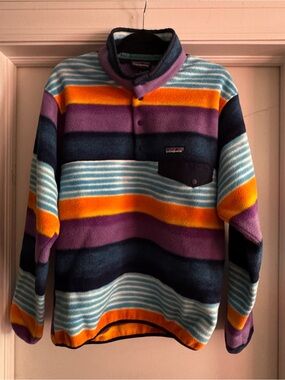 Patagonia Men's Striped Fleece 3/4 Button Pullover - Purple, Orange, Teal, Navy